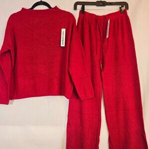 Red Soft Rib Knit Wide Mock Neck Sweater pantsuit